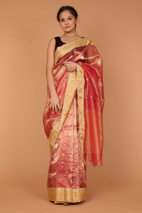 Shop Chanderi Tissue Silk Saree in Coral & Gold - Vinusto

