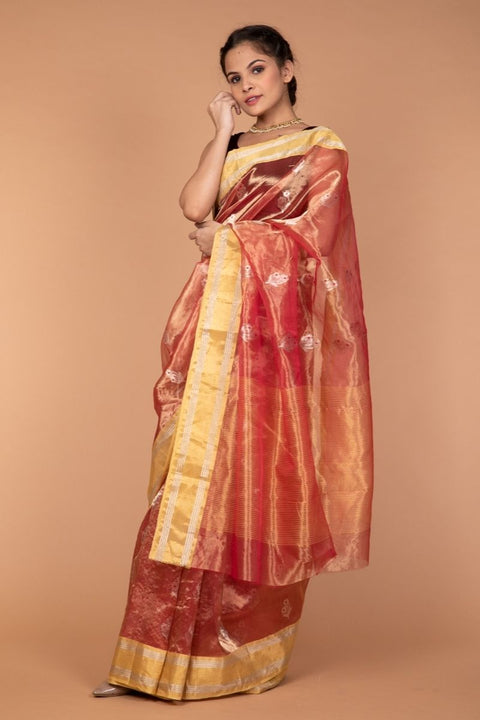 Buy Chanderi Tissue Silk Saree in Coral & Gold - Vinusto

