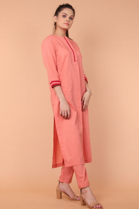 Buy Pleated Cotton Kurta & Straight Pants in Coral - Set of 2 | Vinusto

