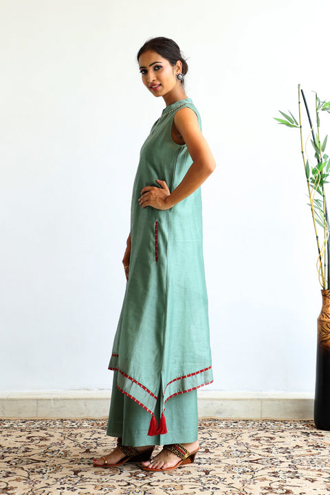 Order Chanderi Suit Set with Tassels & Gold Trims in Sage Green - Set of 3