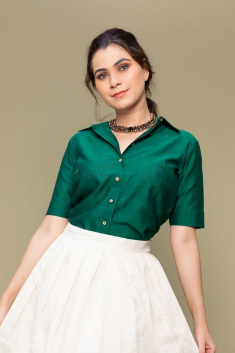 Order Forest Green Crop Shirt in Handwoven Cotton from Sambalpur (Handloom) | Vinusto