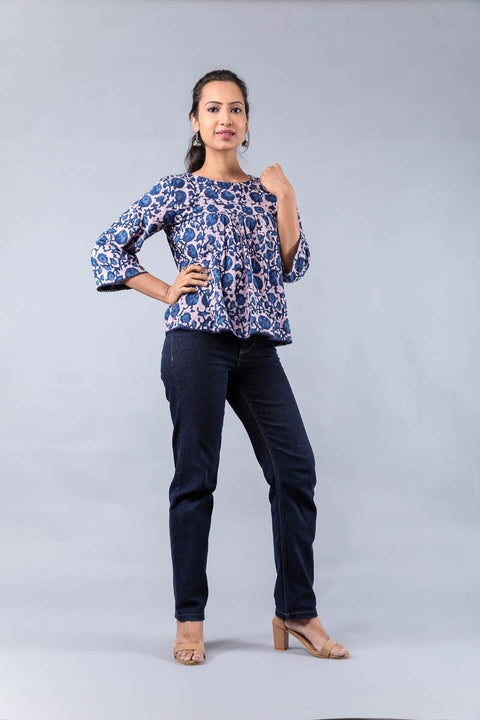 Buy Pleated Top in Blush Pink & Indigo Hand Block Printed Cotton | Vinusto