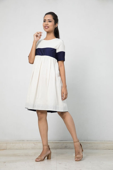 Shop Colour Blocked Dress in Off-White Handloom Cotton | Vinusto