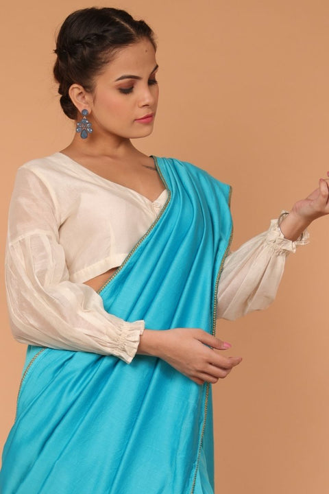 Chanderi Hand Loom Silk Blouse with Balloon Sleeves in Ivory