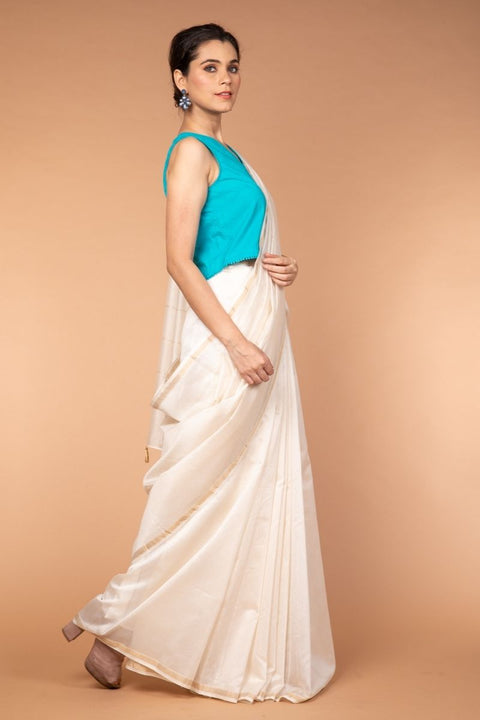 Coordinates- Chanderi Sari in Ivory with Aqua Cotton Blouse