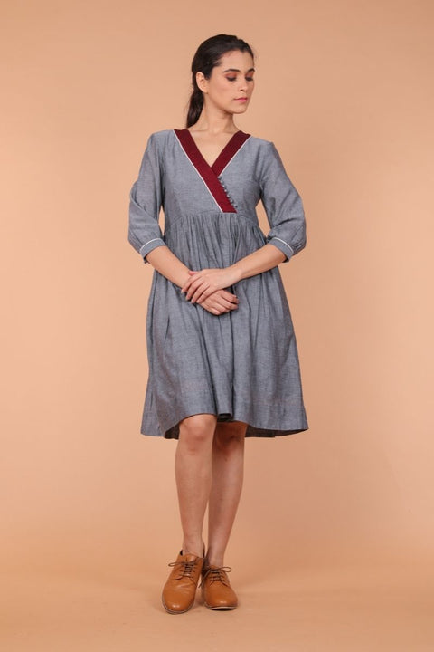 Gathered Dress in Slate Grey Hand Loom Cotton