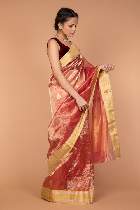 Order Chanderi Tissue Silk Saree in Coral & Gold - Vinusto


