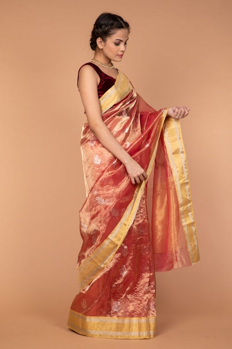 Chanderi Hand Loom Tissue Silk Saree in Coral & Gold