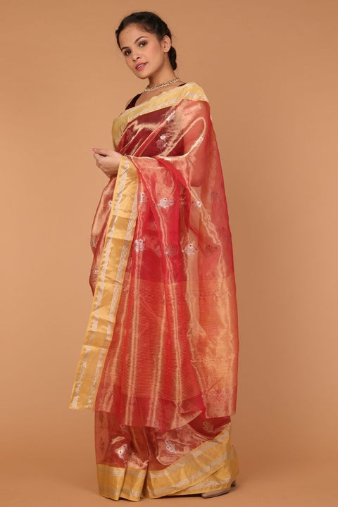 Luxury Chanderi Tissue Silk Saree in Coral & Gold - Vinusto

