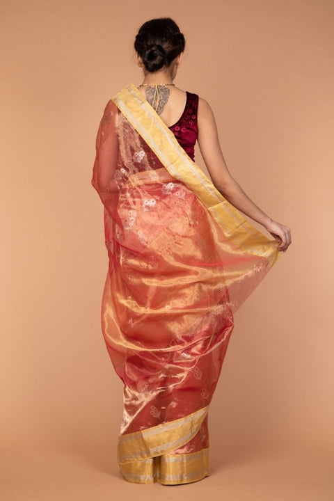 Premium Chanderi Tissue Silk Saree in Coral & Gold - Vinusto

