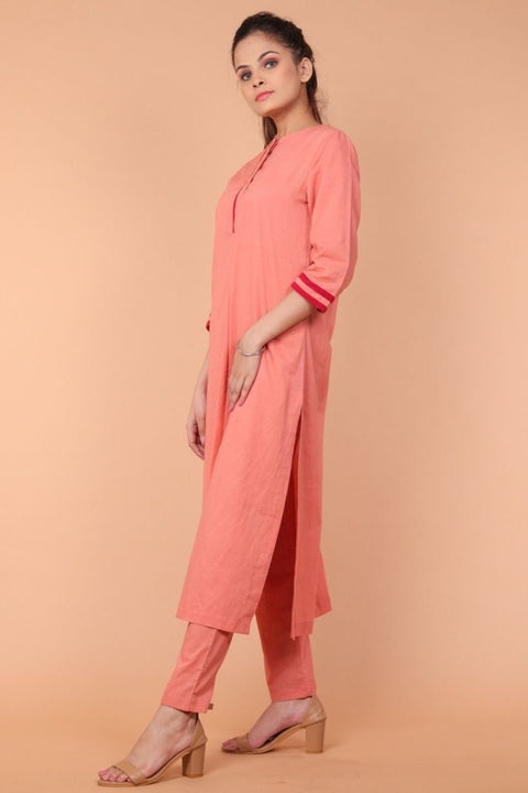 Order Pleated Cotton Kurta & Straight Pants in Coral - Set of 2 | Vinusto

