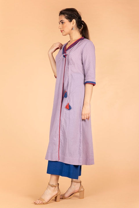 Angarakha Kurta in Lilac Textured Cotton with Cobalt Blue Trims