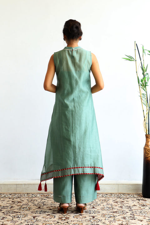 Premium Chanderi Suit Set with Tassels & Gold Trims in Sage Green - Set of 3