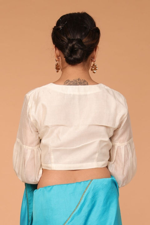 Luxury Chanderi Silk Blouse with Balloon Sleeves in Off-White | Vinusto