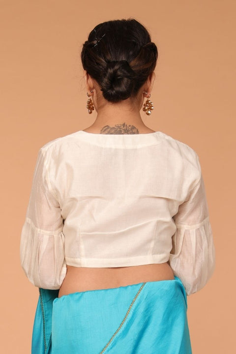Chanderi Hand Loom Silk Blouse with Balloon Sleeves in Ivory
