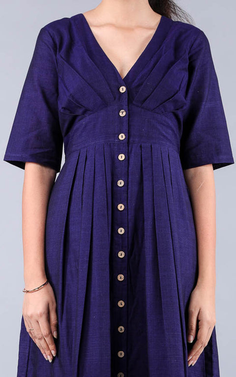 Luxury Empire Line Maxi Dress in Midnight Blue Handwoven Cotton | Vinusto