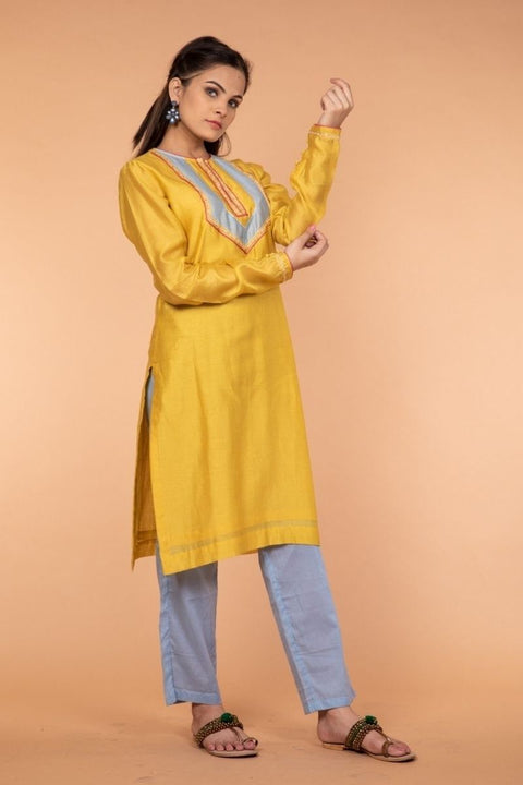 Order Straight Chanderi Silk Kurta in Yellow & Cotton Pants in Pale Blue – Set of 2

