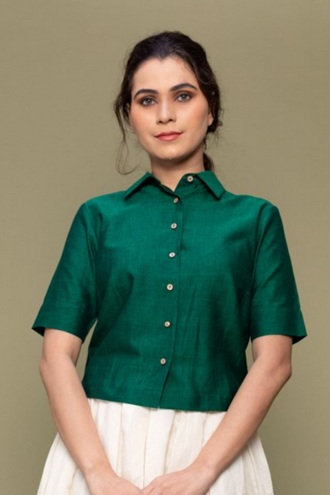 Buy Forest Green Crop Shirt in Handwoven Cotton from Sambalpur (Handloom) | Vinusto