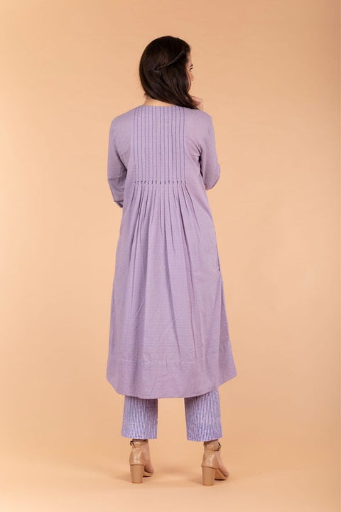Handcrafted Lilac Swiss Dot Cotton Kurta With Pintucks & Pinstripe Straight Pants (set of 2) -  By Vinusto 