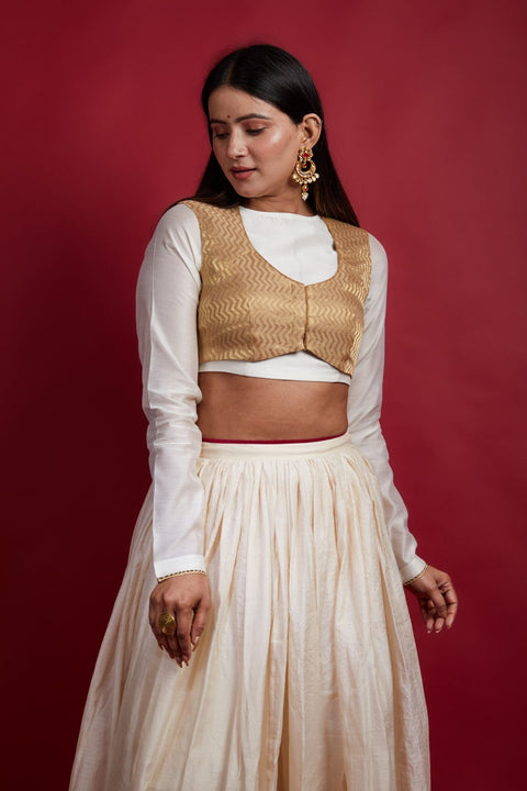 Ivory & Gold Chanderi Handloom Lehanga & Koti Set (Set of 3)
