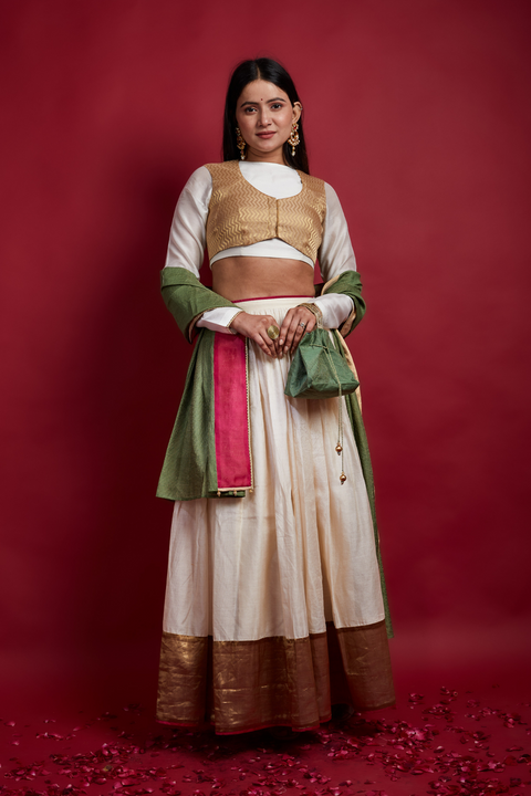 Order Ivory & Gold Chanderi Handloom Lehanga & Koti Set, Olive & Pink Dupatta (Set Of 4) - By Vinusto