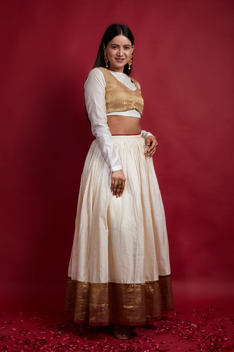 Best Ivory & Gold Chanderi Handloom Lehanga & Koti Set, Olive & Pink Dupatta (Set Of 4) - By Vinusto