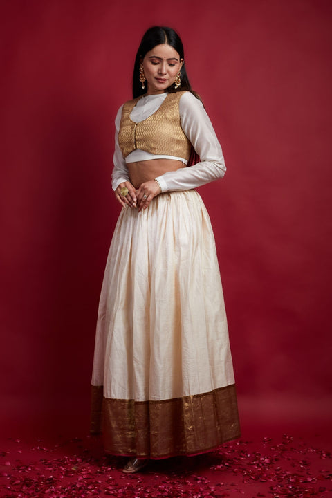 Shop Ivory & Gold Chanderi Handloom Lehanga & Koti Set (Set Of 3)at Best Price online - By Vinusto