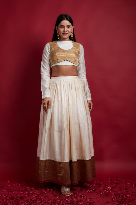 Shop Ivory & Gold Chanderi Handloom Lehanga & Koti Set, Olive & Pink Dupatta (Set Of 4)at Best Price online - By Vinusto