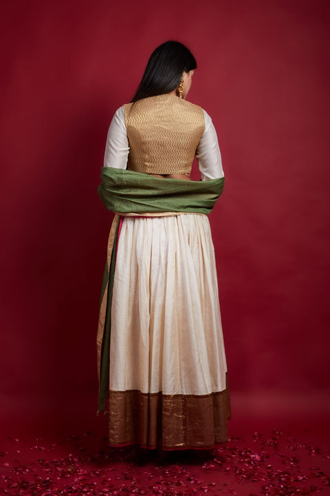 Designer Ivory & Gold Chanderi Handloom Lehanga & Koti Set (Set Of 3) - By Vinusto