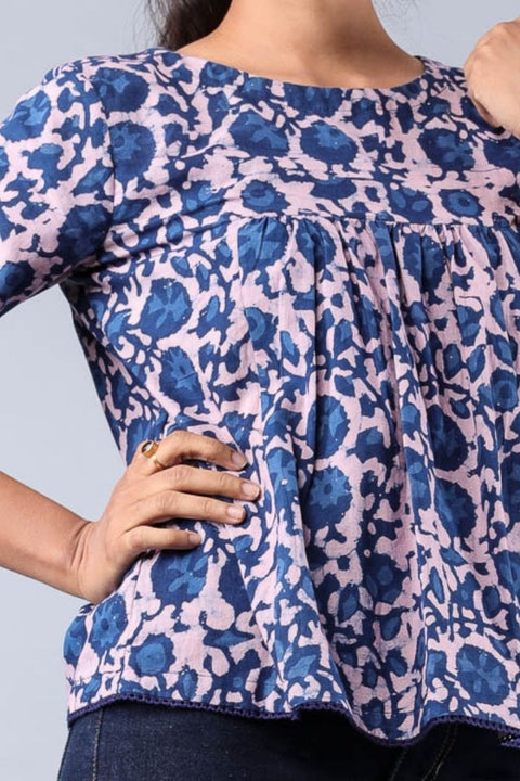 Premium Pleated Top in Blush Pink & Indigo Hand Block Printed Cotton | Vinusto