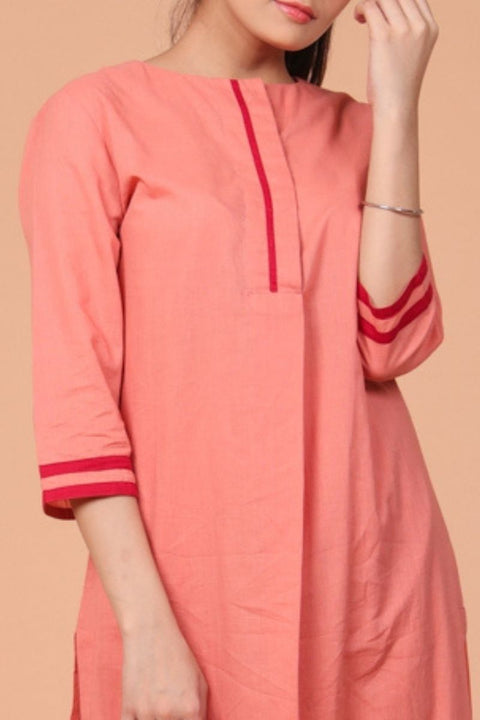 Luxury Pleated Cotton Kurta & Straight Pants in Coral - Set of 2 | Vinusto

