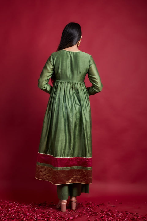Premium Gathered Wrap Anarkali Kurta with Pants in Chanderi Handloom (Set of 2) - By Vinusto
