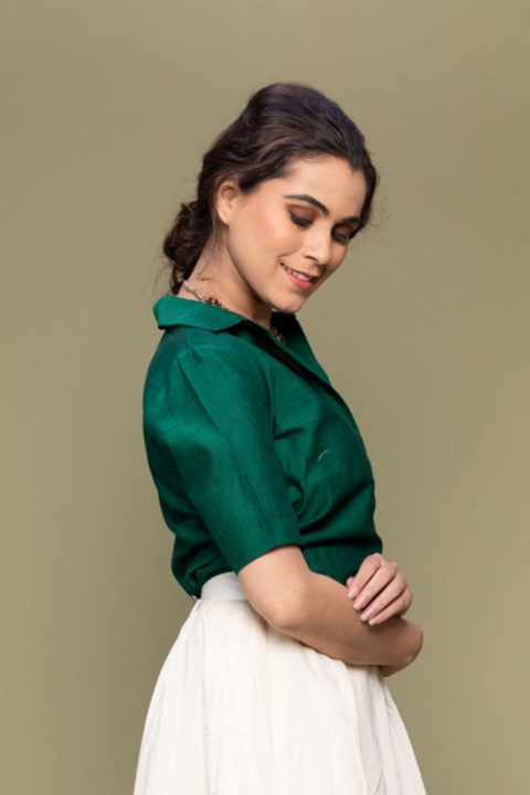 Luxury Forest Green Crop Shirt in Handwoven Cotton from Sambalpur (Handloom) | Vinusto