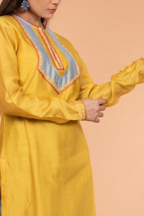 Premium Straight Chanderi Silk Kurta in Yellow & Cotton Pants in Pale Blue – Set of 2

