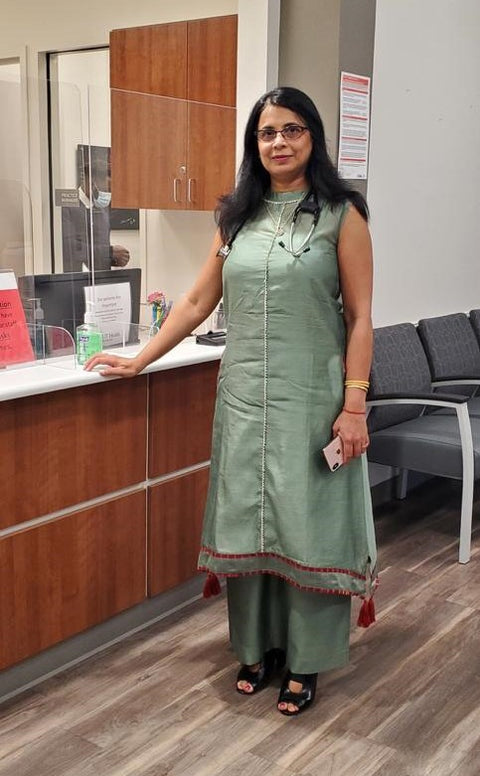 Handcraft Chanderi Suit Set with Tassels & Gold Trims in Sage Green - Set of 3