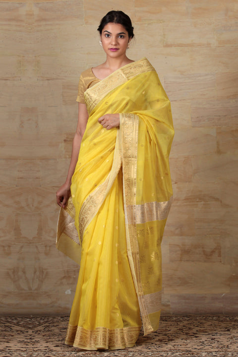 Shop Chanderi Mercerized Silk Saree in Yellow & Off-White – Vinusto

