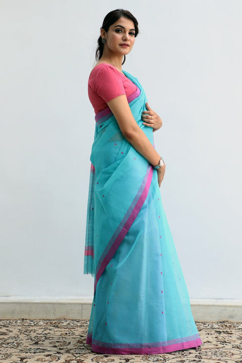 Buy Chanderi Saree in Aqua Blue | Elegant Cotton Saree for Every Occasion

