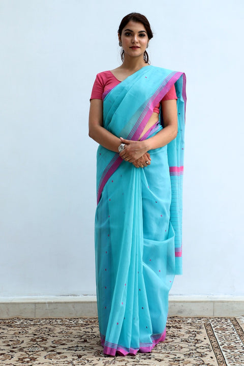 Shop Chanderi Saree in Aqua Blue | Elegant Cotton Saree for Every Occasion

