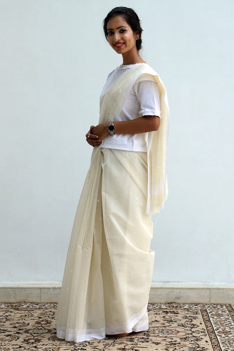 Buy Chanderi Saree in Cream | Elegant Cotton Saree for All Occasions

