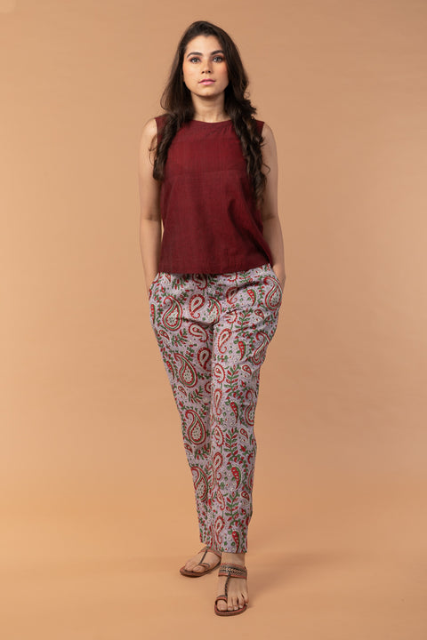 Shop Maroon Sambalpur Handloom Cotton Top with Lilac Hand Block Printed Cotton Pants (Set of 2) | Vinusto