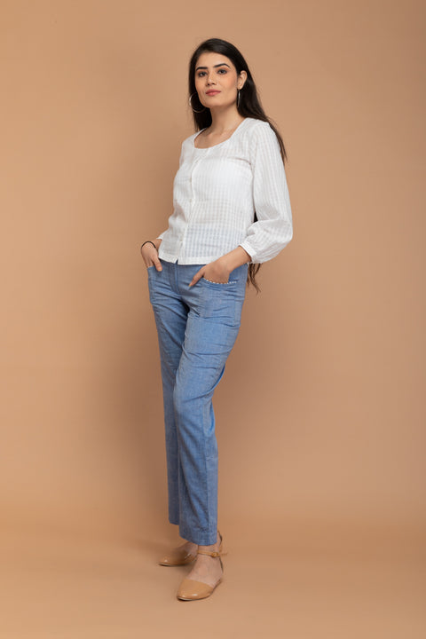 Shop White Top in Textured Cotton with Chambray Blue Handloom Cotton Pants from Sambalpur | Vinusto