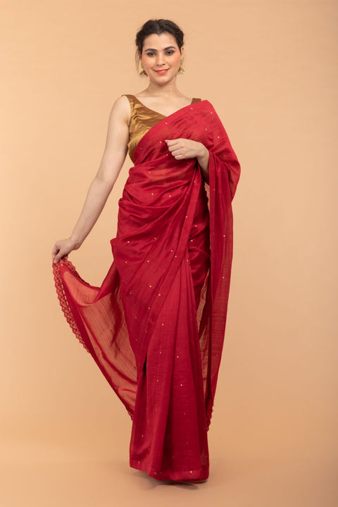 Shop Handcrafted Cranberry Red Chanderi Handloom Silk Saree – Vinusto

