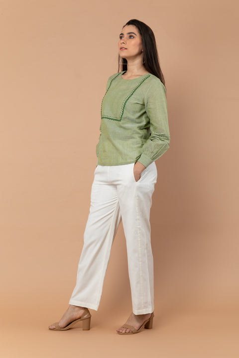 Buy Apple Green Top with Off-White Handloom Cotton Trousers from Sambalpur (Set of 2) | Vinusto