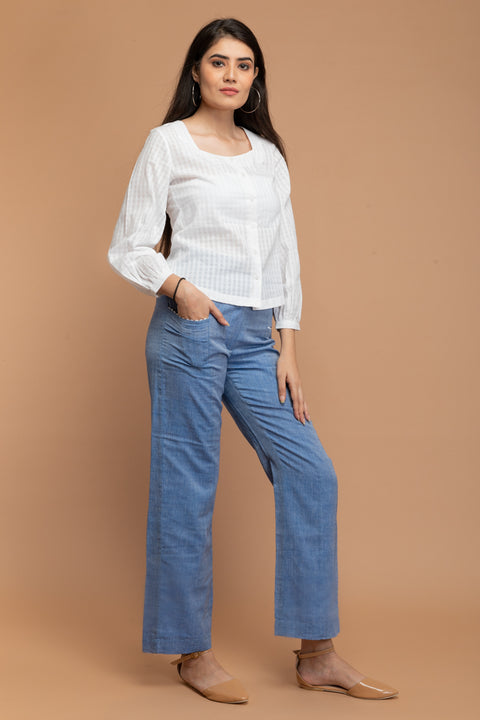 Luxury White Top with Sweetheart Neck in Textured Cotton | Vinusto