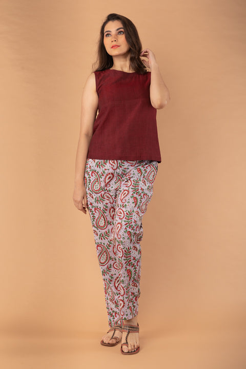 Shop Straight-Fit Cotton Pants in Lilac Hand Block Print | Vinusto