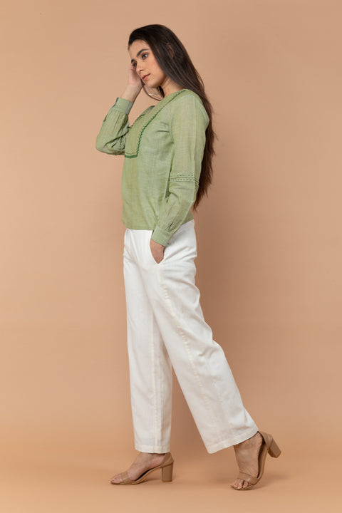Order Apple Green Top with Off-White Handloom Cotton Trousers from Sambalpur (Set of 2) | Vinusto