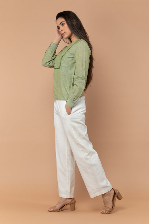 Apple green Top with Off White Trousers in Handloom Cotton from Sambalpur (Set of 2)