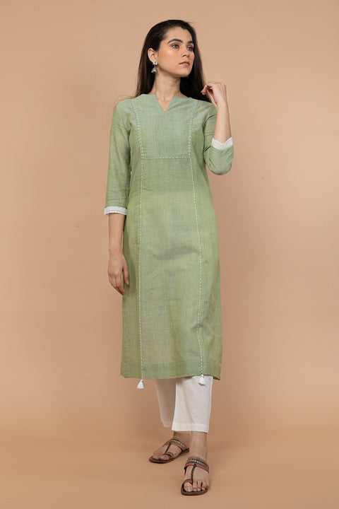Apple Green Kurta with Kantha Stitch in Handloom Cotton