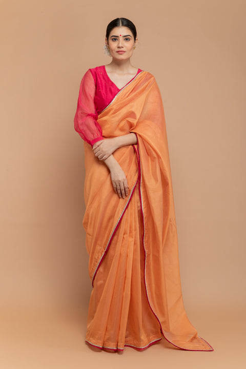 Shop Chanderi Handloom Saree in Tangerine Orange with Hot Pink Blouse | Vinusto