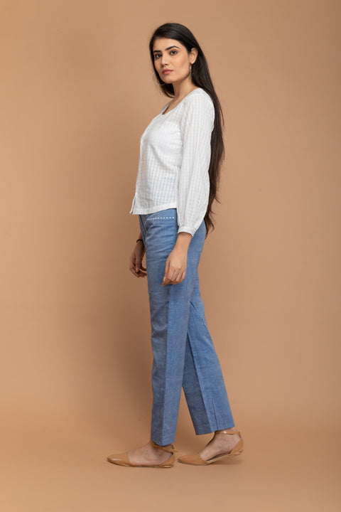 Buy White Top in Textured Cotton with Chambray Blue Handloom Cotton Pants from Sambalpur | Vinusto